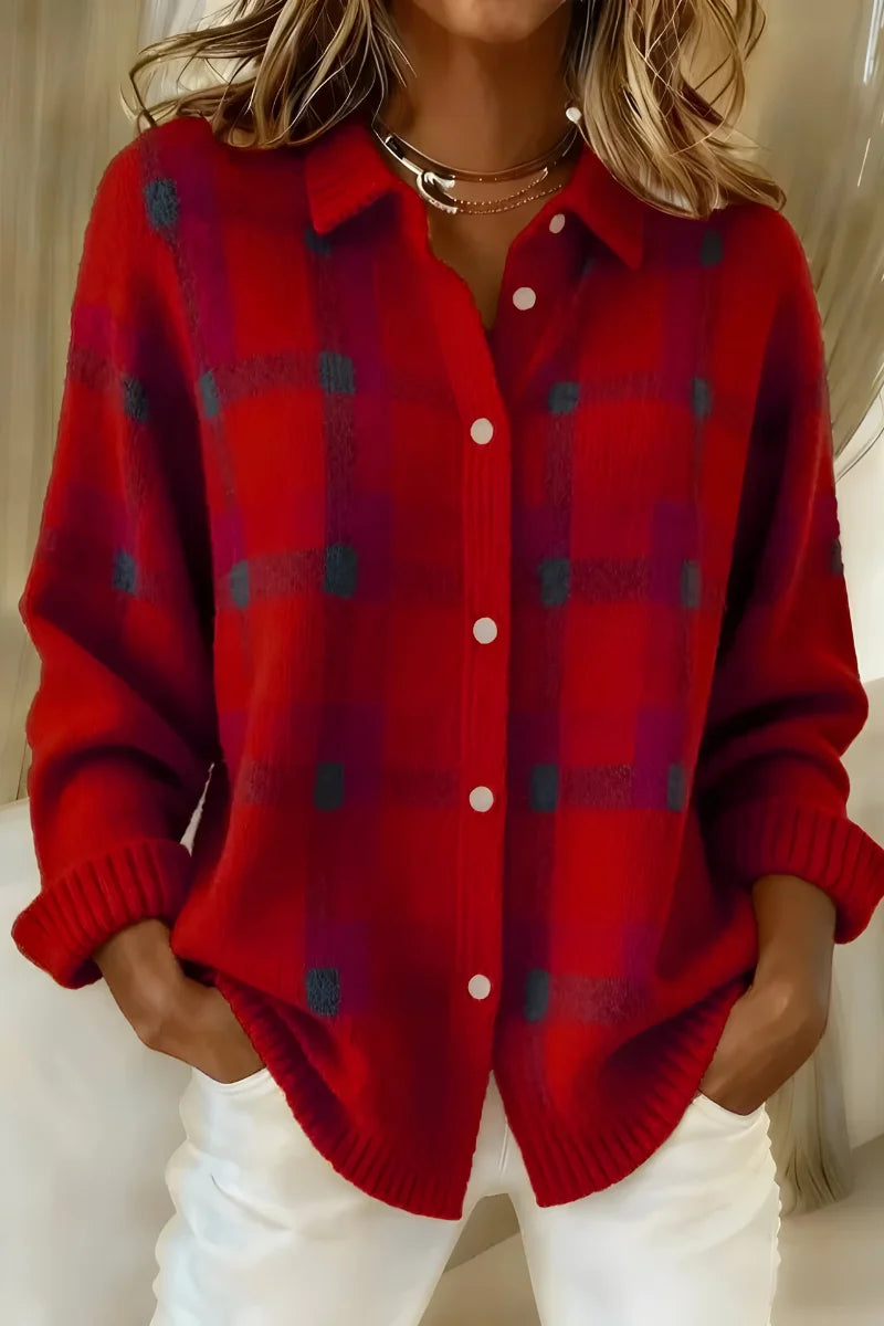 Amy | Women's Checked Collared Knit Cardigan