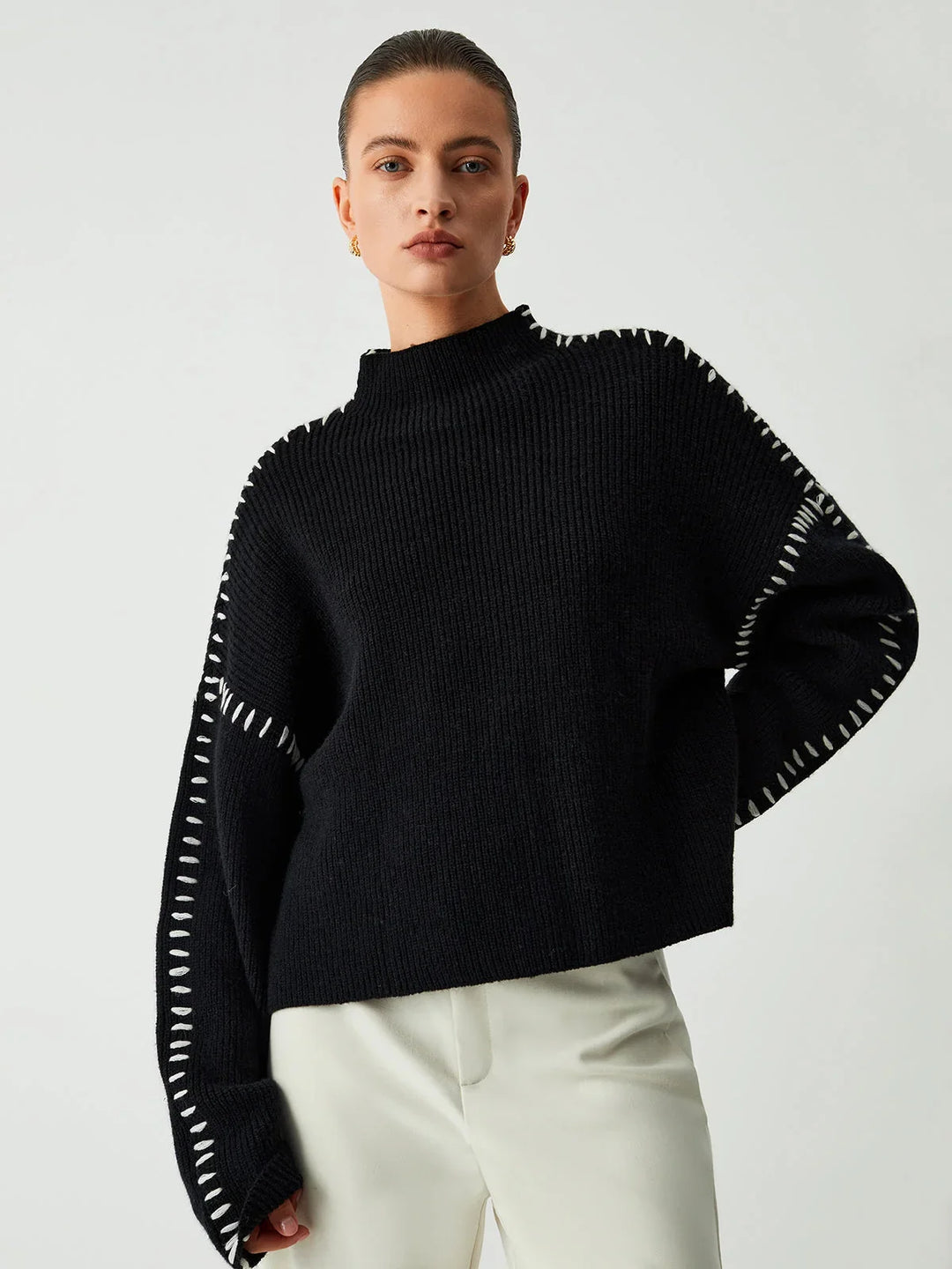 Annette | Women's Oversized Ribbed Knitted Jumper with Mock Neck