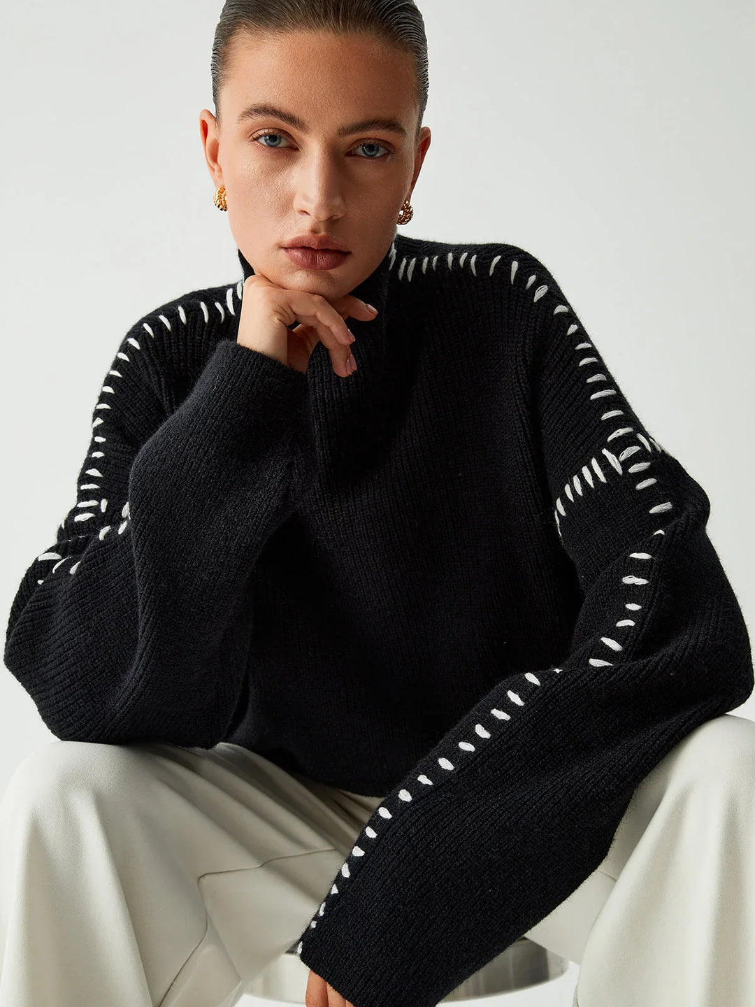 Annette | Women's Oversized Ribbed Knitted Jumper with Mock Neck