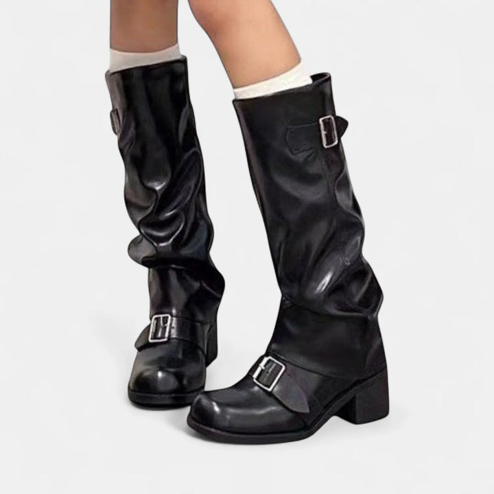 Charlotte | Women's Buckle Strap Knee High Biker Boots