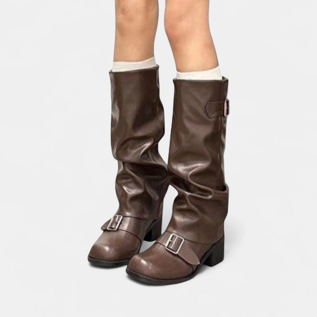 Charlotte | Women's Buckle Strap Knee High Biker Boots