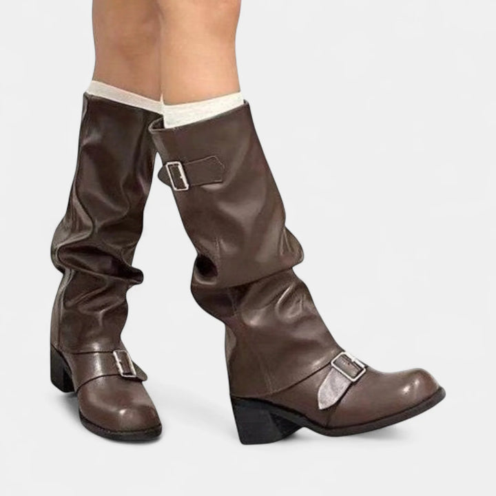 Charlotte | Women's Buckle Strap Knee High Biker Boots