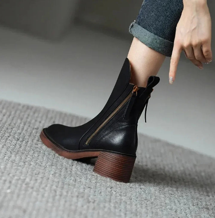 Danni | Women's Round Toe Zip Detail Ankle Heeled Boots Block Heel