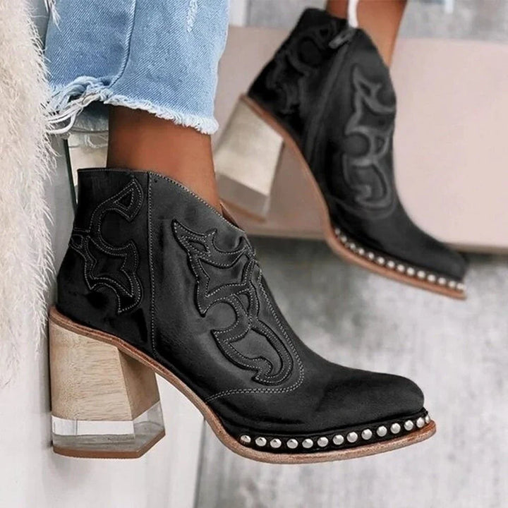 Eva | Women's Stud Trim Heeled Ankle Cowboy Boots