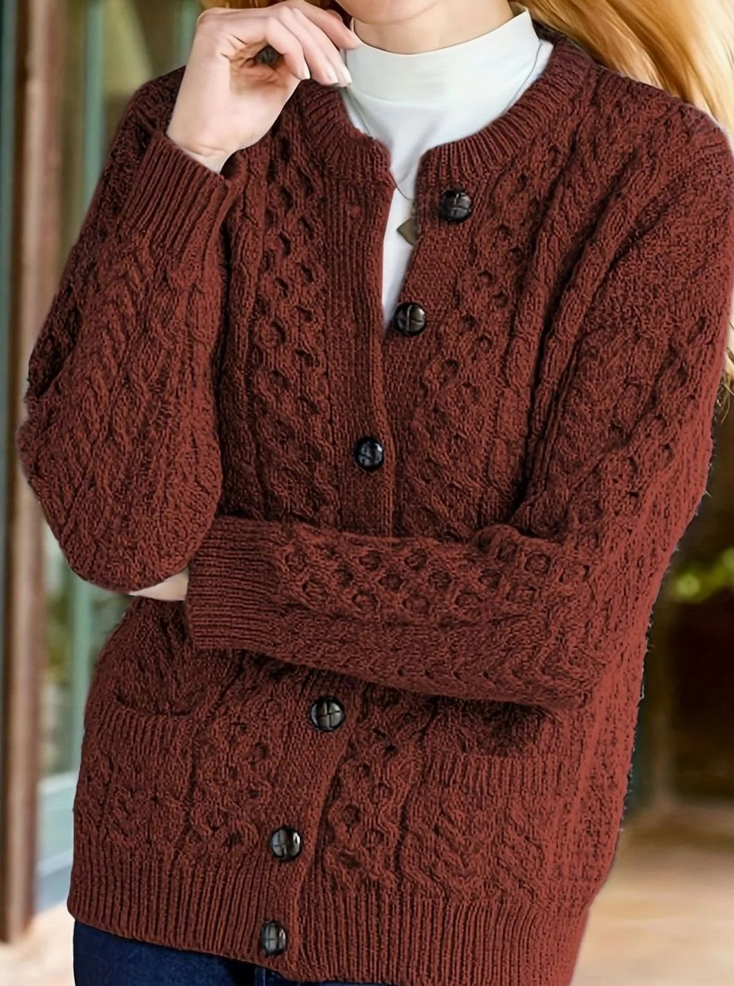 Isolde | Women's Aran Cable Knit Button Front Cardigan