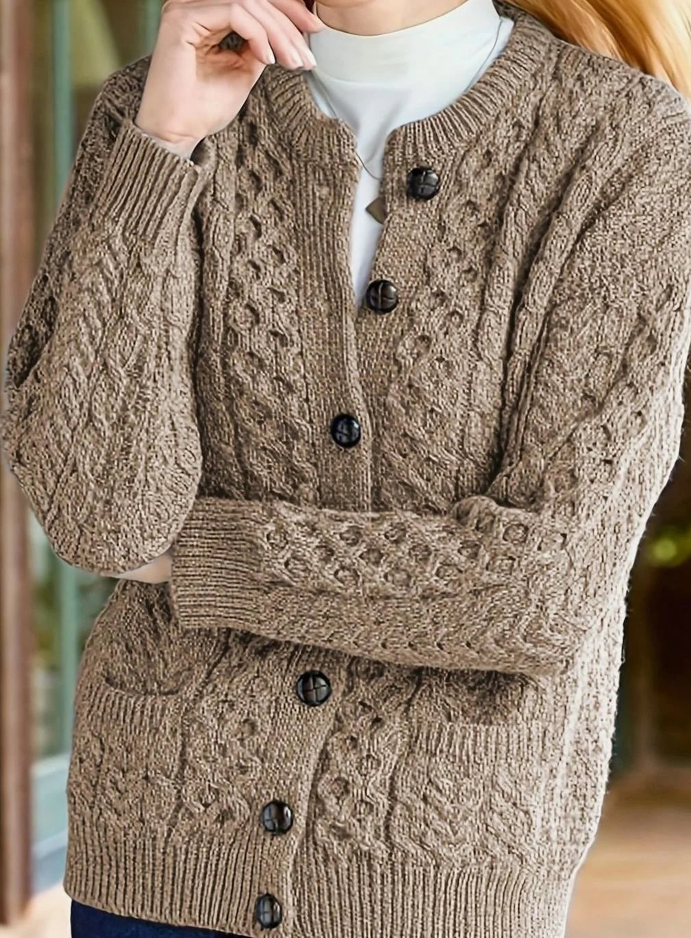 Isolde | Women's Aran Cable Knit Button Front Cardigan