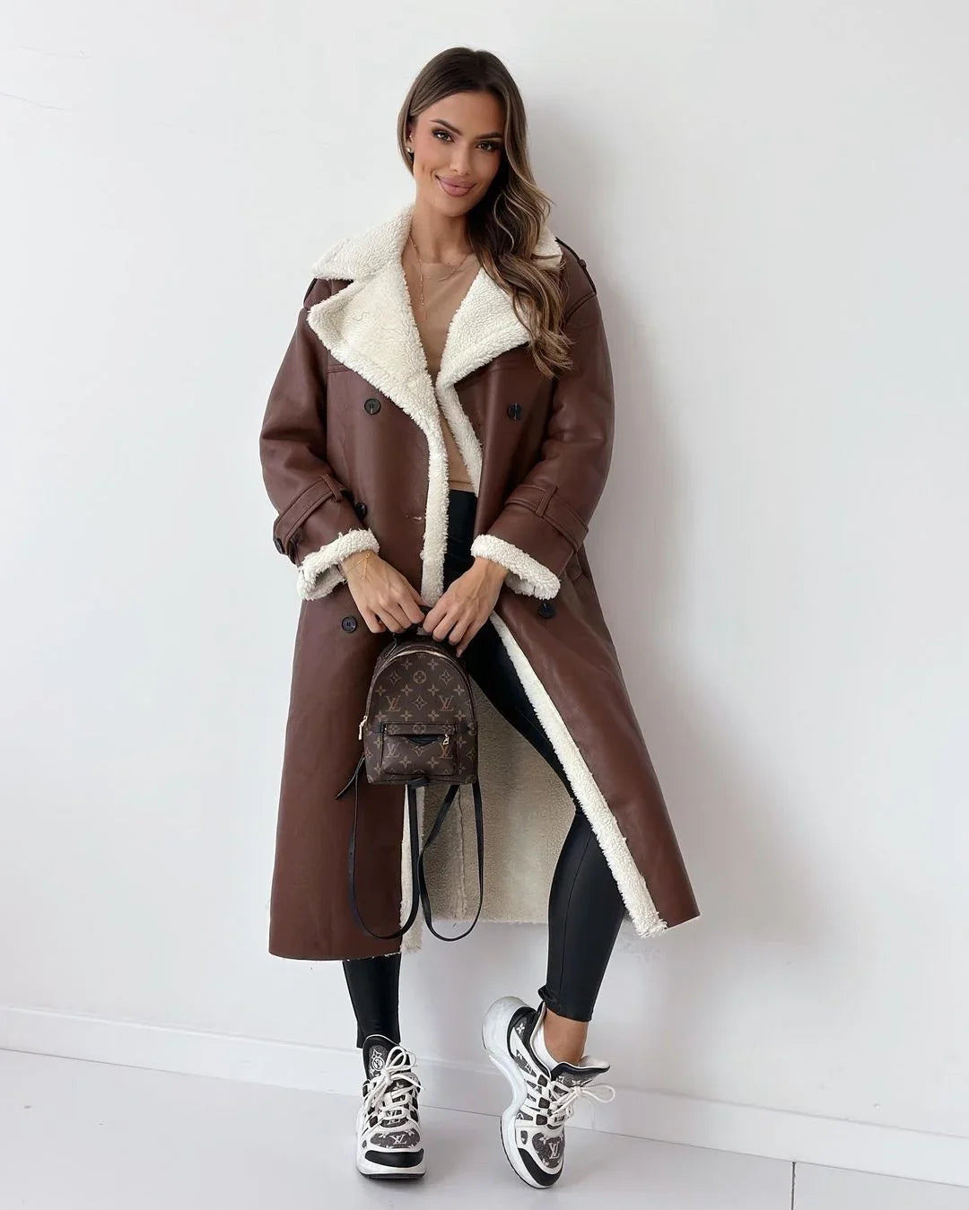 Lynda | Women's Long Faux Shearling Trench Coat with Belt
