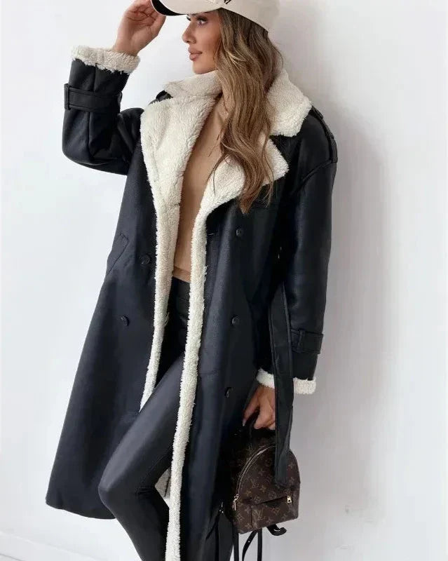 Lynda | Women's Long Faux Shearling Trench Coat with Belt