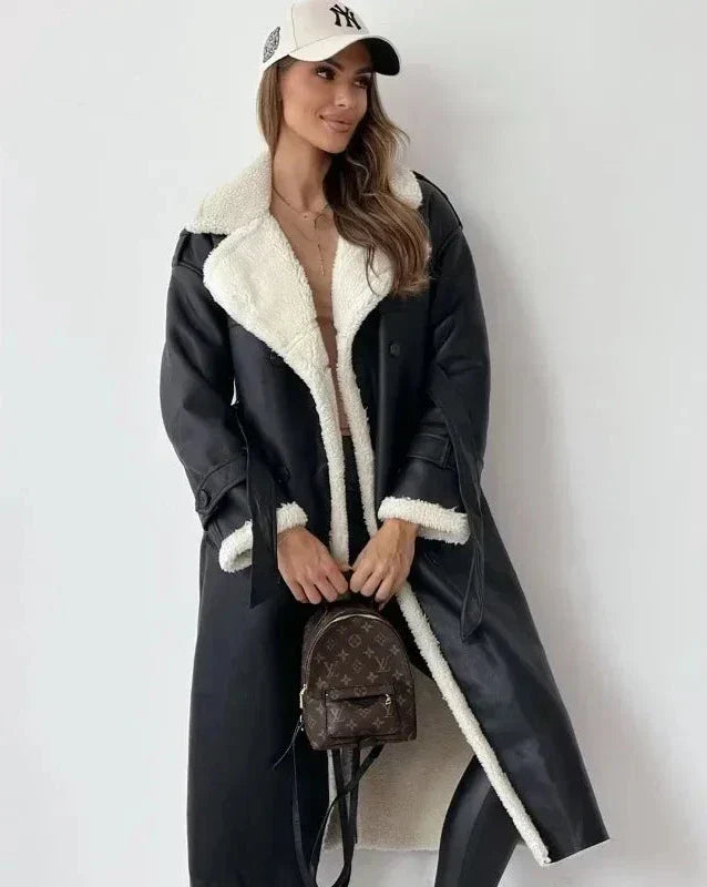 Lynda | Women's Long Faux Shearling Trench Coat with Belt