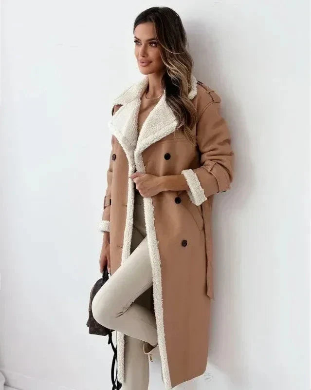 Lynda | Women's Long Faux Shearling Trench Coat with Belt