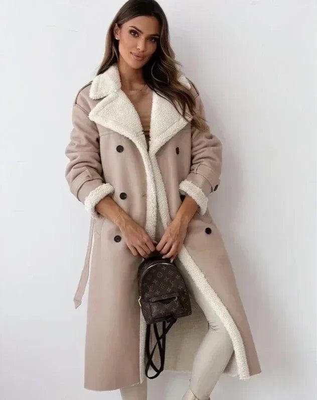 Lynda | Women's Long Faux Shearling Trench Coat with Belt