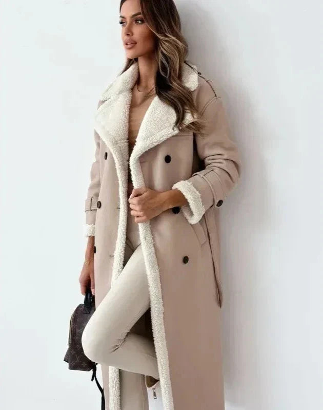 Lynda | Women's Long Faux Shearling Trench Coat with Belt