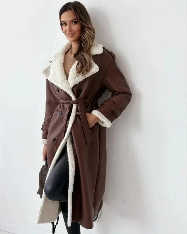 Lynda | Women's Long Faux Shearling Trench Coat with Belt