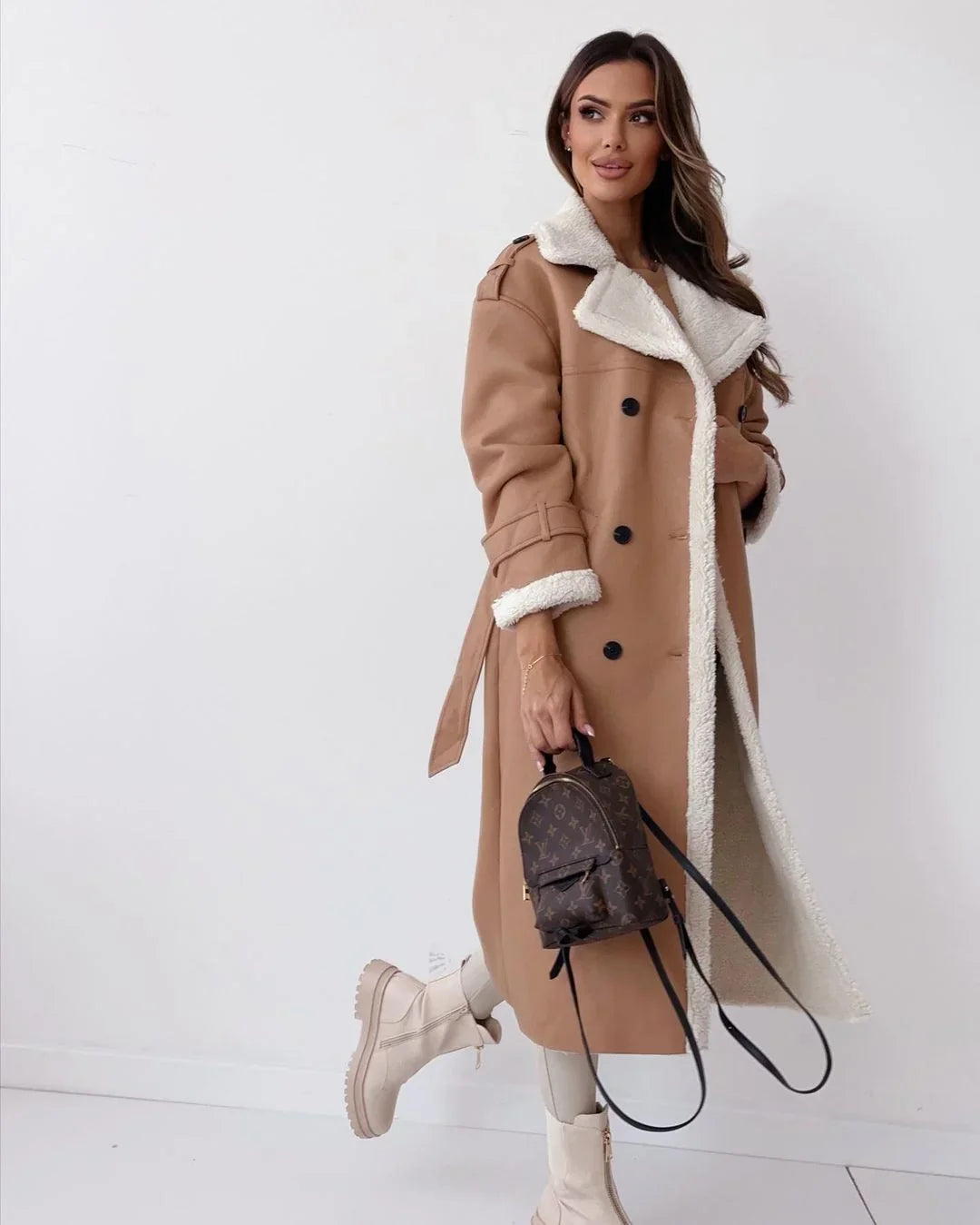 Lynda | Women's Long Faux Shearling Trench Coat with Belt