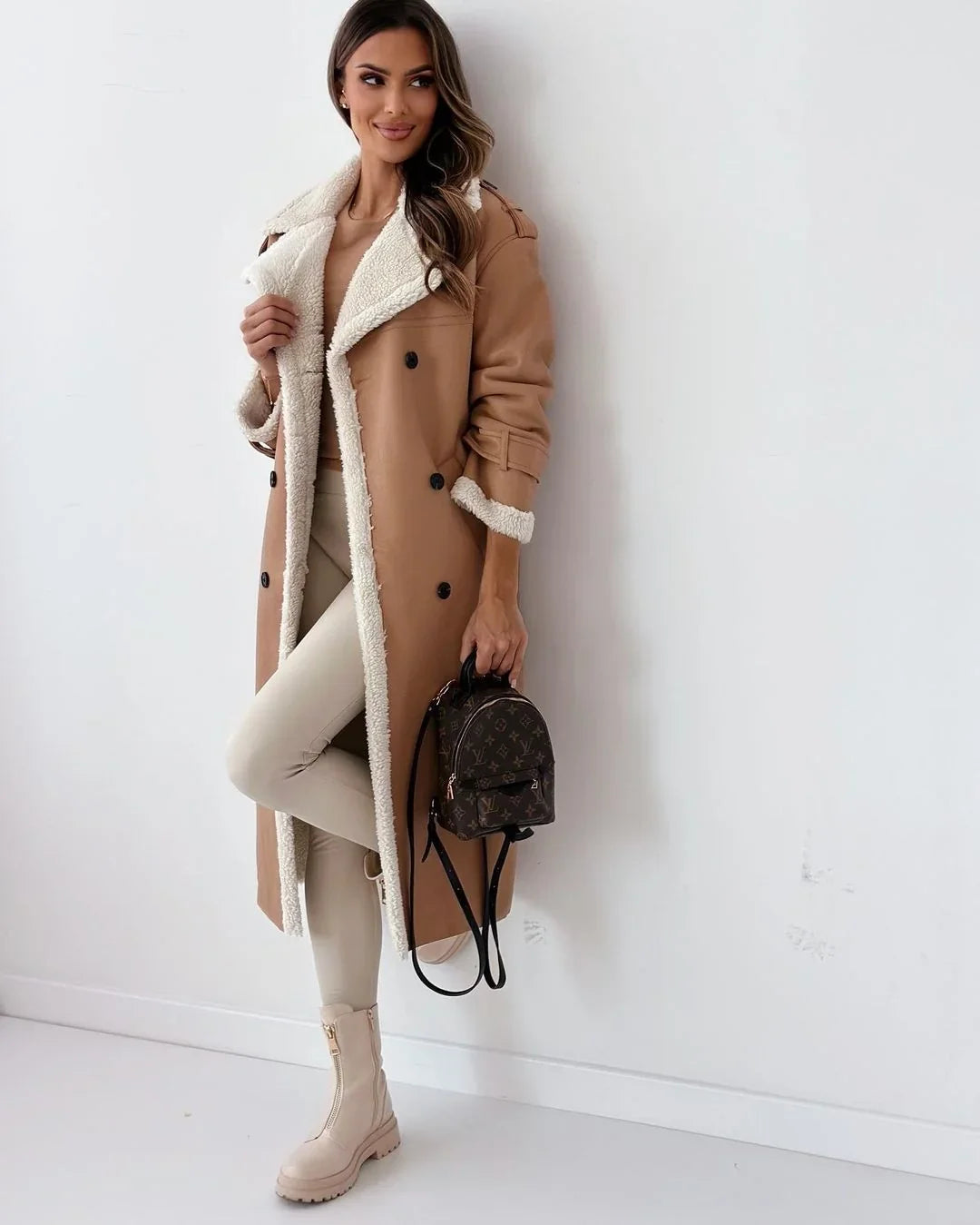 Lynda | Women's Long Faux Shearling Trench Coat with Belt