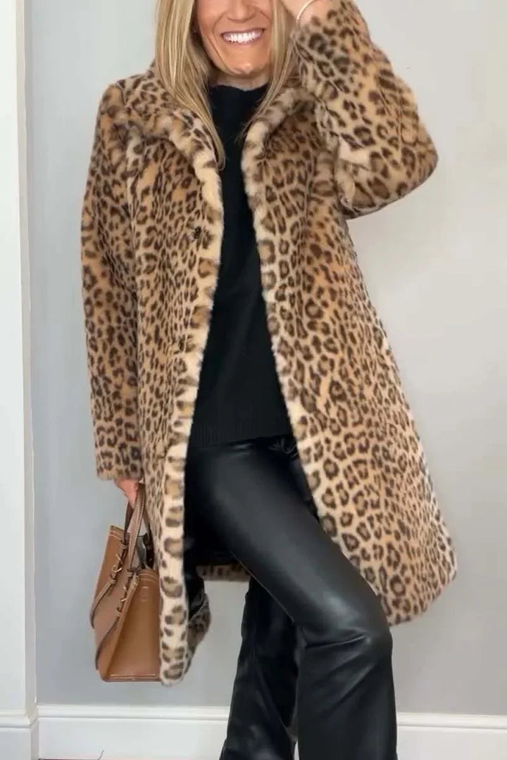 Sienna | Women's Long Faux Fur Coat with Leopard Print