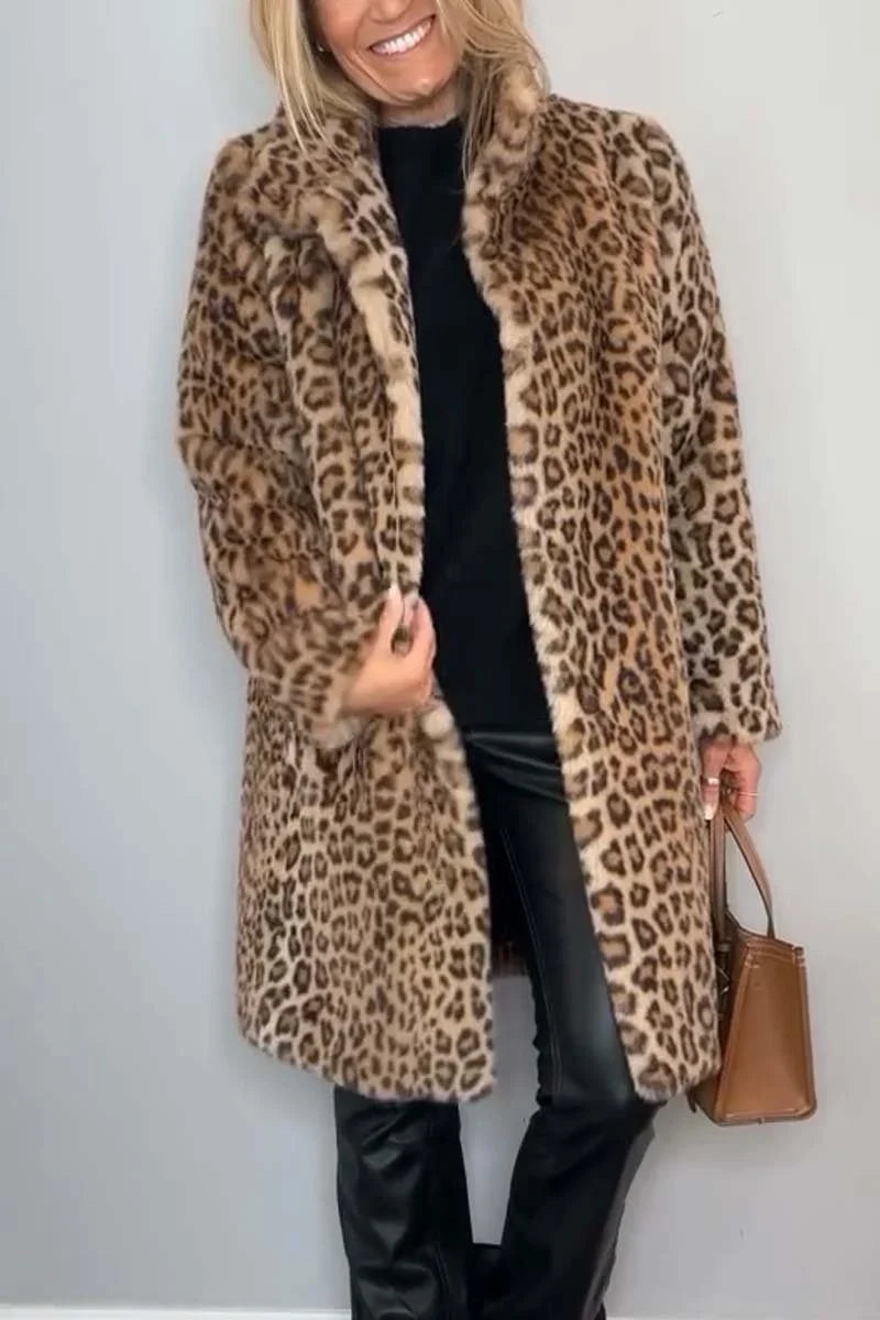Sienna | Women's Long Faux Fur Coat with Leopard Print
