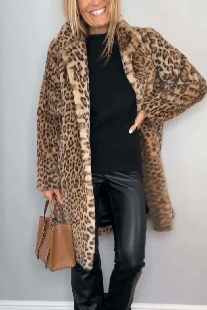 Sienna | Women's Long Faux Fur Coat with Leopard Print