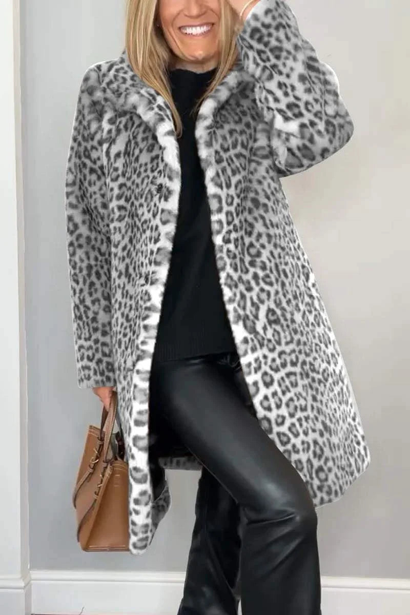 Sienna | Women's Long Faux Fur Coat with Leopard Print