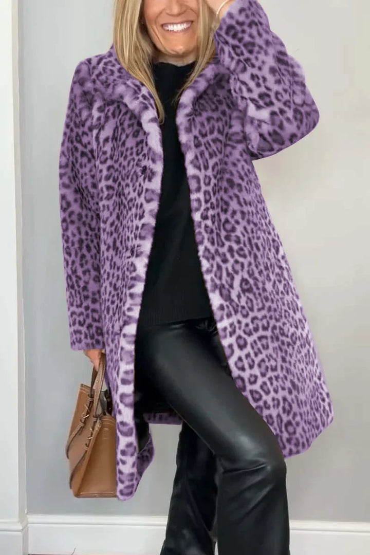 Sienna | Women's Long Faux Fur Coat with Leopard Print
