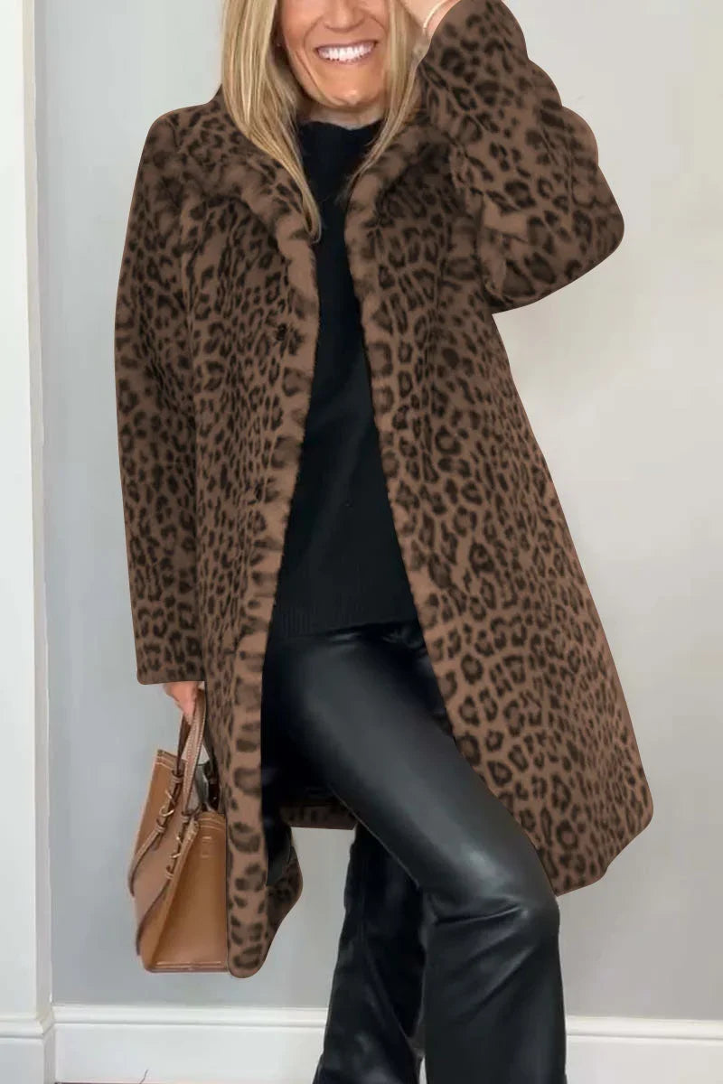 Sienna | Women's Long Faux Fur Coat with Leopard Print
